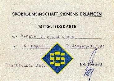 Mitgliedsausweis der SG Siemens Erlangen in den 1960er Jahren