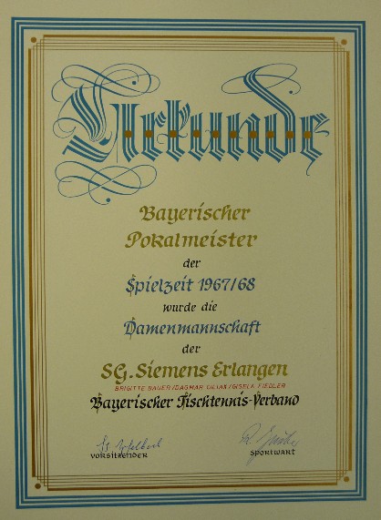 Urkunde für die Bayerische Damen-Pokalmeisterschaft 1967/68