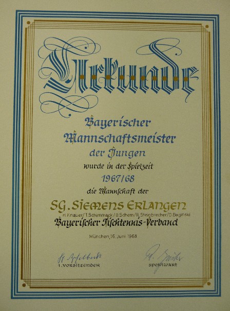 Urkunde für die Bayerische Jungenmannschaftsmeisterschaft 1967/68