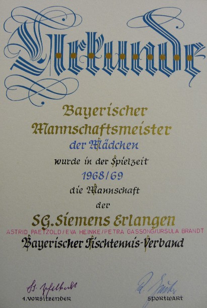 Urkunde für die Bayerische Mädchenmannschaftsmeisterschaft 1967/68