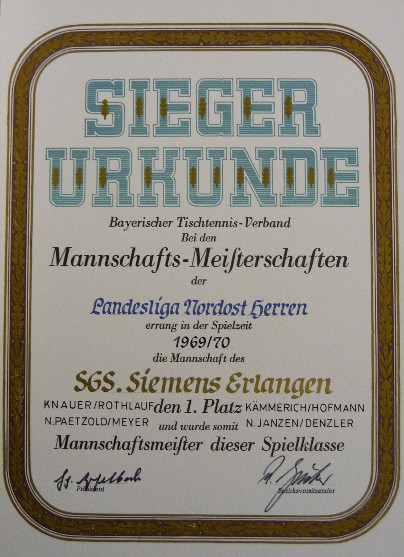 Urkunde für die Landesliga-Meisterschaft 1969/70