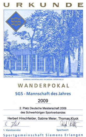 Urkunde "SGS-Mannschaft des Jahres 2009"