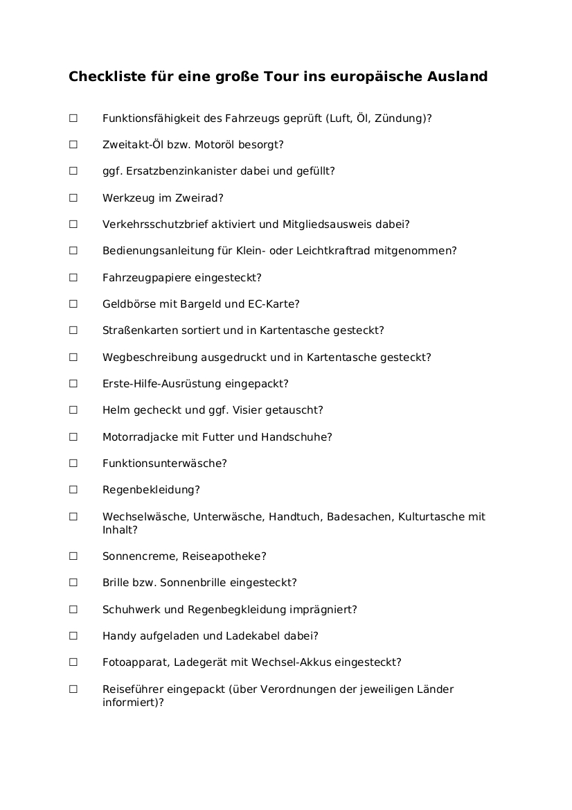 Checkliste Zweiradtouren